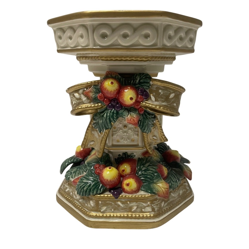Fitz and Floyd Classics Holiday Fruit Ceramic Pillar Candle Holder Gold Trim